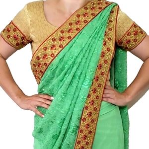 Women's Green Indian Saree + Blouse + Under Skirt